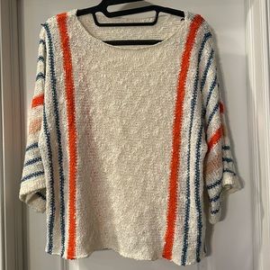 White lightweight knit sweater with orange and blue stripes 3/4 length sleeves